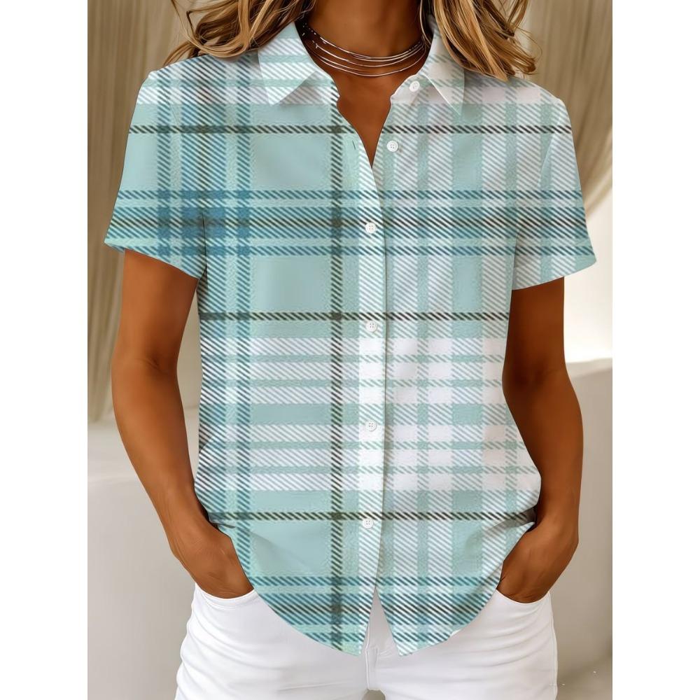 Women s Retro Geometric Striped Printed Button Short Sleeved Shirt with a Lapel Top, Summer Casual Short Sleeved Shirt S
