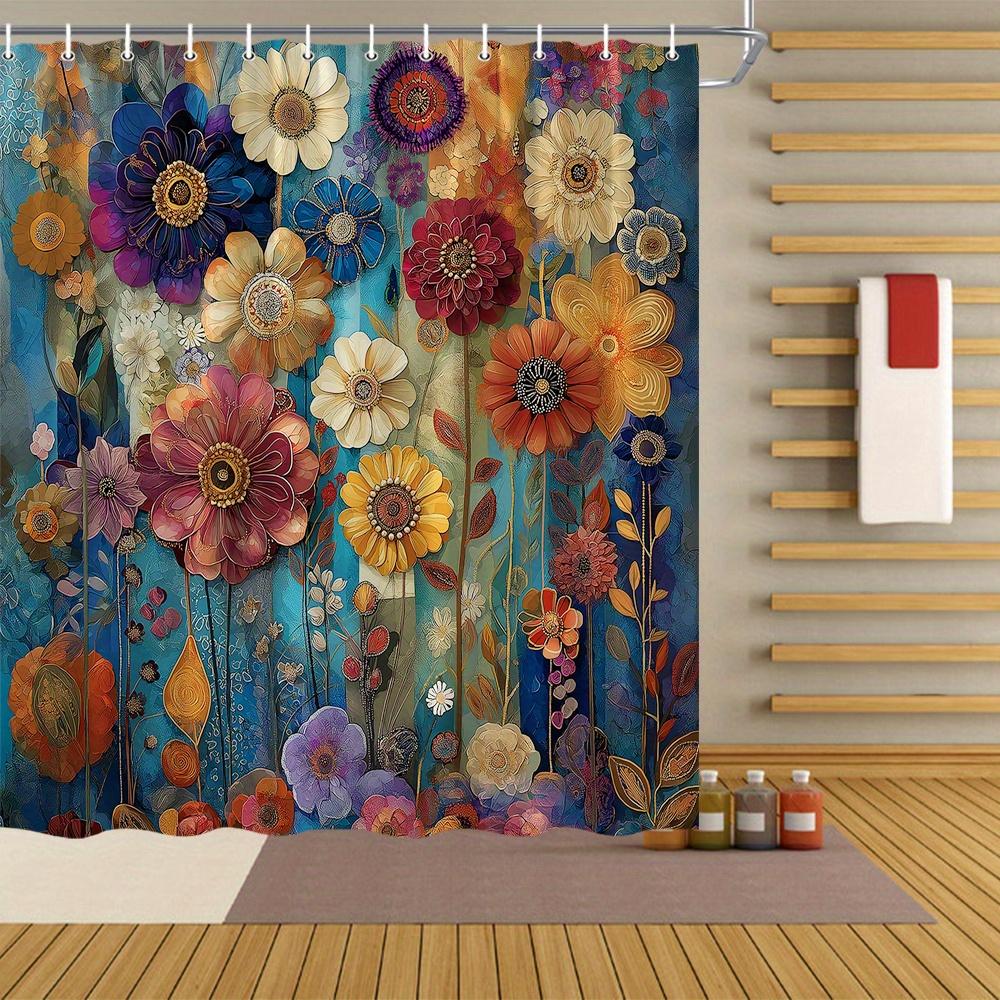 Colorful Floral Shower Curtain Petals And Art Neo Classical Style Bathroom Decorative Shower Curtain With 12 Hooks