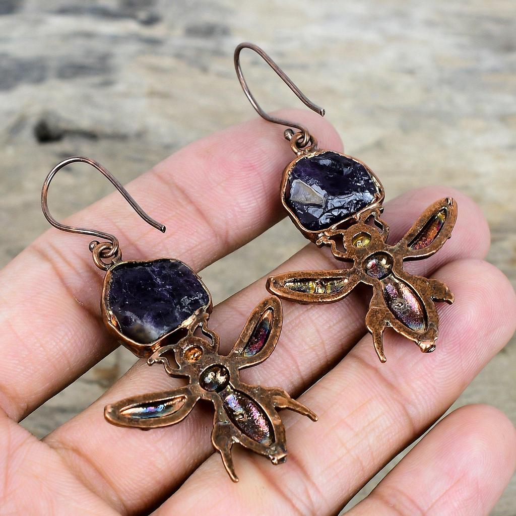 African Amethyst Rough Earring Electroformed Copper Earrings Honey Bee Earring Handmade Jewelry Wedding Gifts Very Pretty Gemstone Earrings