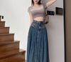 2023 Summer Retro Pleated Denim Midi Skirt: Women's High Waist A-line Design