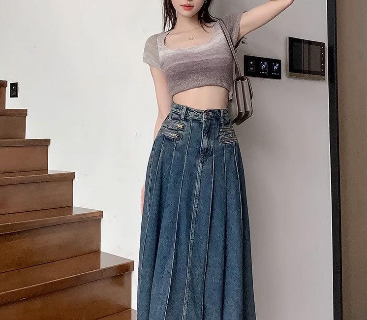2023 Summer Retro Pleated Denim Midi Skirt: Women's High Waist A-line Design