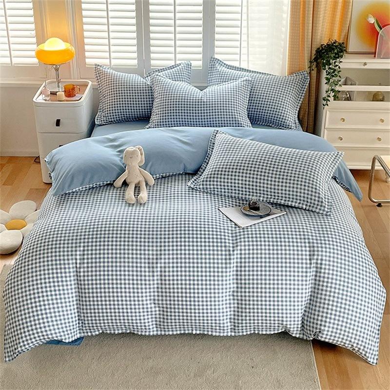 Small Fresh Pure Cotton Brushed Four-piece Set Thickened Washed Cotton Sheets and Quilt Covers Dormitory Three-piece Bedding Set