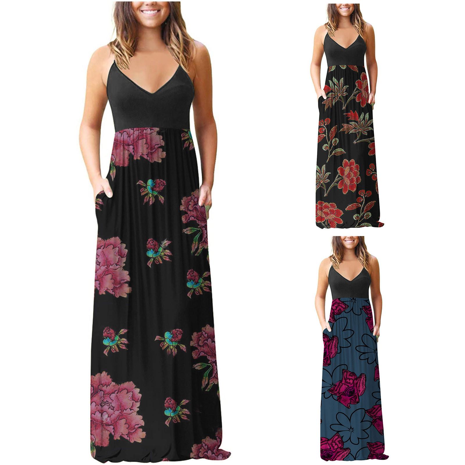 

Женское летнее повседневное свободное платье на тонких бретельках, длинное платье с карманами