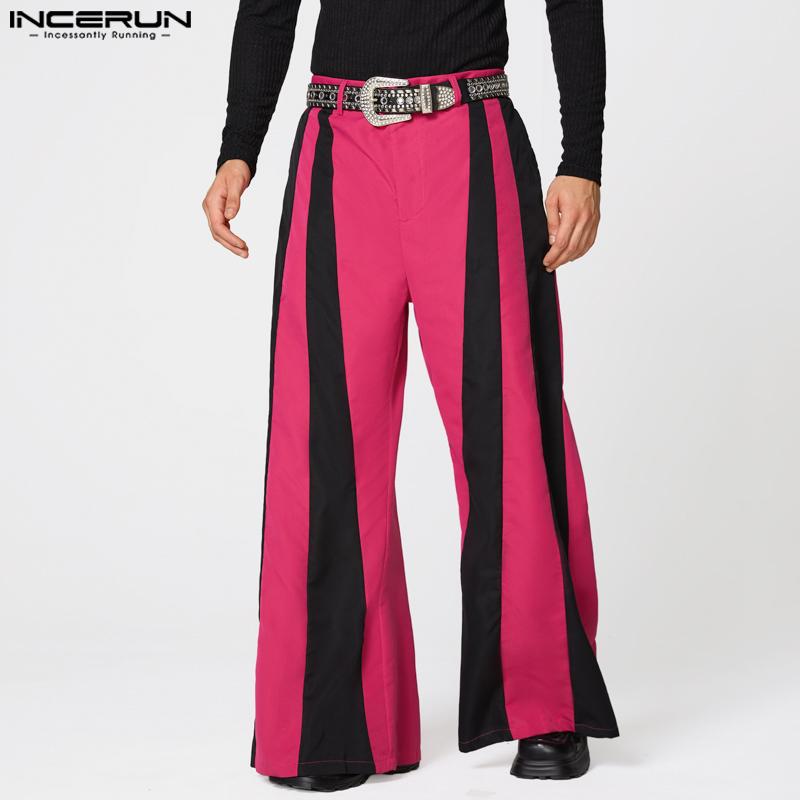 INCERUN Men's High Zipper Waist Striped Patchwork Casual Long Flare Pants Trousers