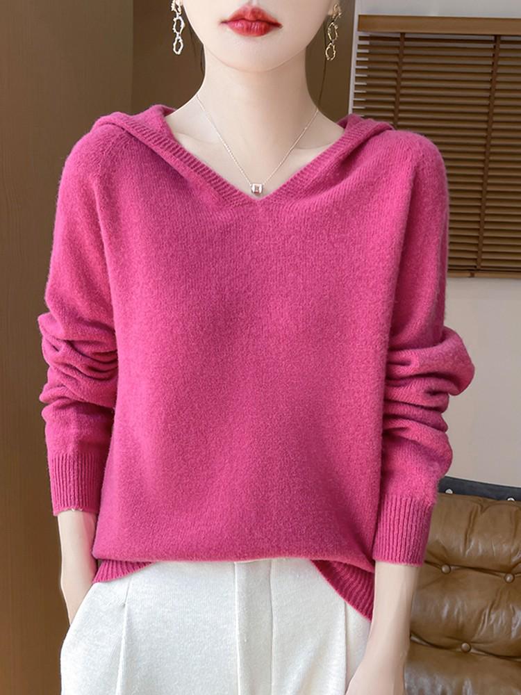 Damtröja med huva i ren australisk ull, tjock sju-gauge stickning, avslappnad ready-to-wear pullover