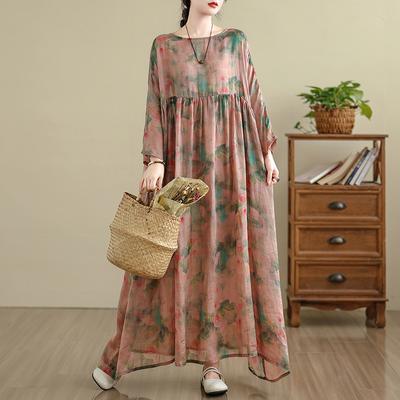 DIMANAF 2025 Women Plus Size Spring Long Dress Loose Basic Printing Vintage Casual Floral Oversize Long Sleeve Maxi