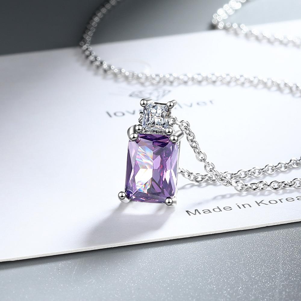 925 Sterling Silver Simple Multi-color Rectangular Zircon Pendant Necklace Anniversary Birthday Wedding Party Gift