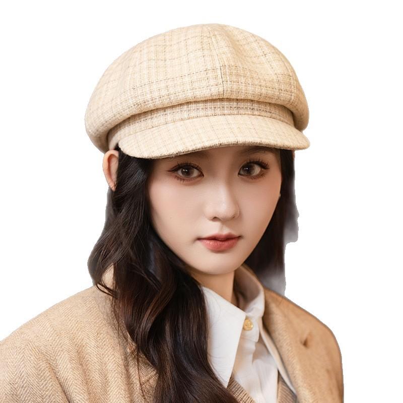 Korean Retro Versatile Plaid Beret Autumn and Winter Fashion Windproof and Warm Octagonal Hat British Style Painter Newspaper Boy Hat