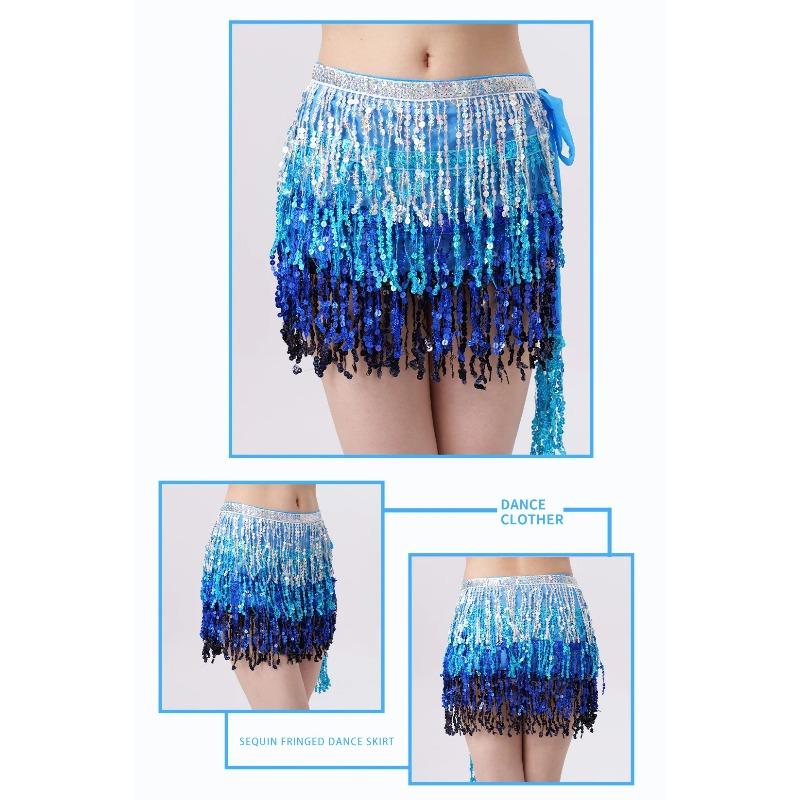 Sequins Belly Dance Skirt Tassel Chain Belt Wrap Party Club Indian Latin Hula Dancer Performance Hip Waist Scarf