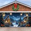 Christmas Garage Banner, Polyester Durable, Christmas Tree, Wooden House, String Light Pattern, Winter Celebration Party