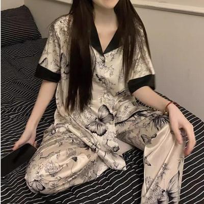 Women's Ice Silk Pajama Set: Short Sleeve Cardigan & Long Pants for Spring/Summer.
