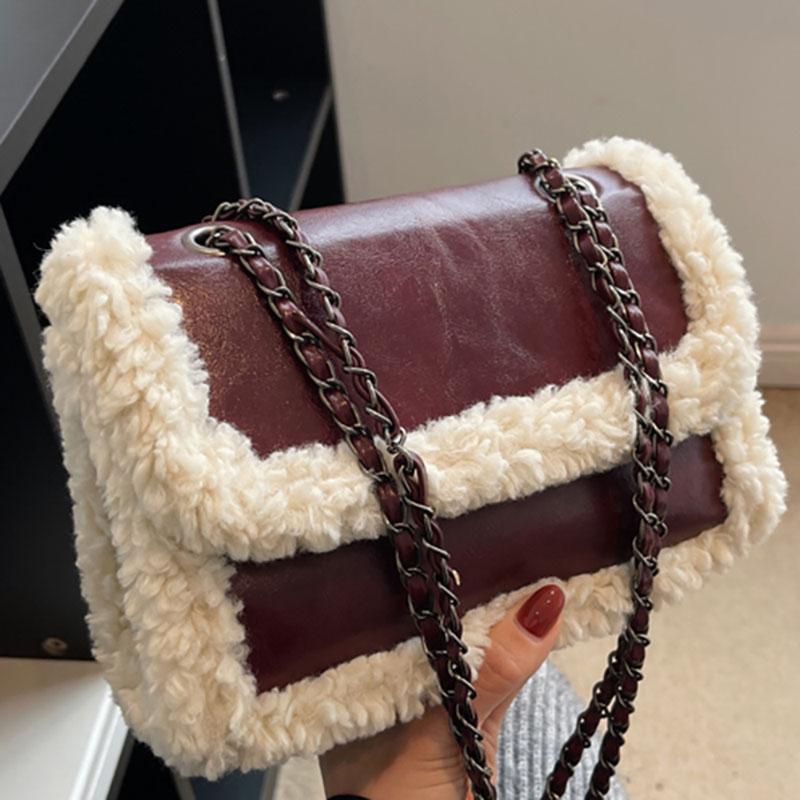 Lamb Wool Splice Retro Chain Crossbody Bag Patent Leather Glossy High-End Texture Shoulder Bag Women New Portable Handbag