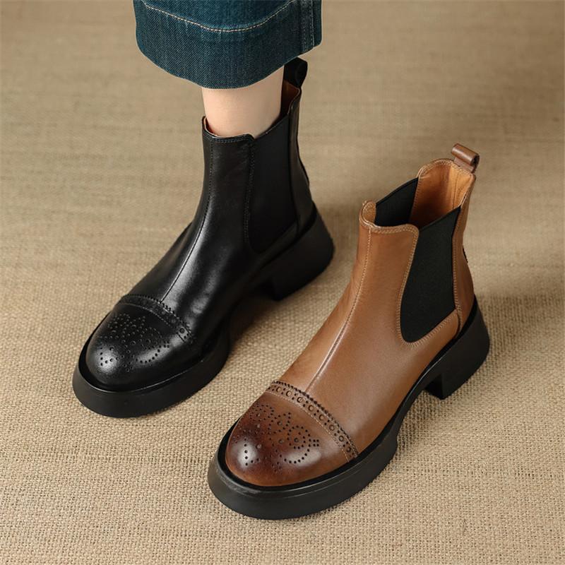 Fashion New Autumn/winter Genuine Leather Women Boot Round Toe Shoes for Women Fashion Brogue Designs Chelsea Boots Mid Heel Short Boots