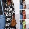 Women Fall Spring Dress V Neck Lapel Long Sleeve Color Matching Print Oversized Pullover Soft Split Hem A-line Loose Vintage Lady Maxi Dress