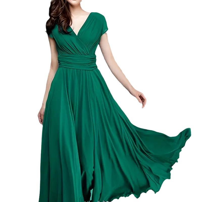Bohemian V-Neck Short Sleeve Maxi Dress with Gathered Waist
