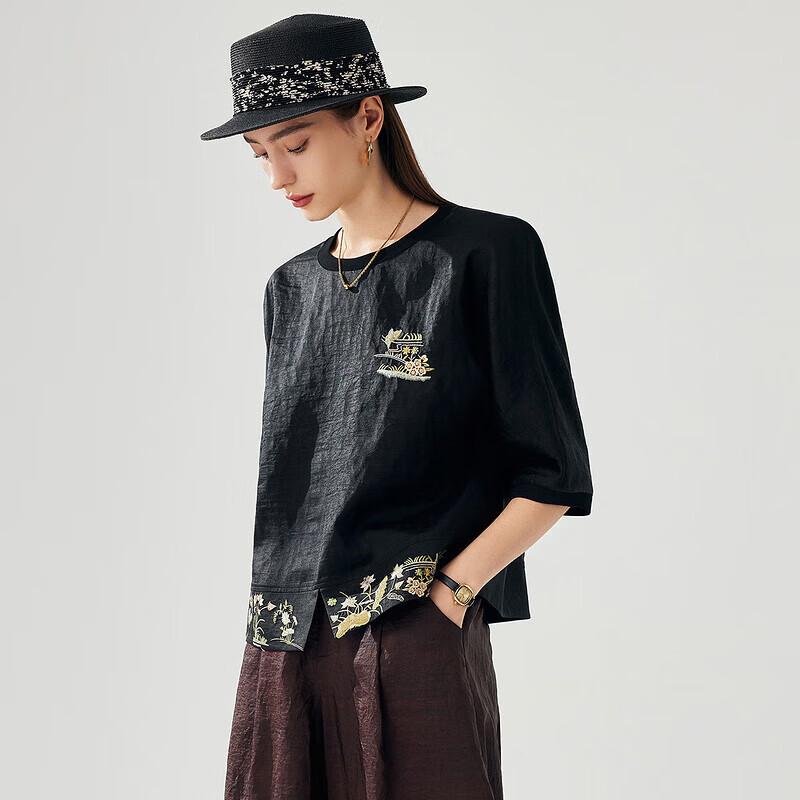 Zhaojun Women's Embroidered Loose Fit Silk T-Shirt