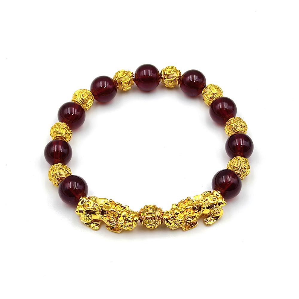 Gold-Plated Retro Pixiu Bracelet with 10mm Red Pomegranate Beads - Wealth Attraction Elastic Design