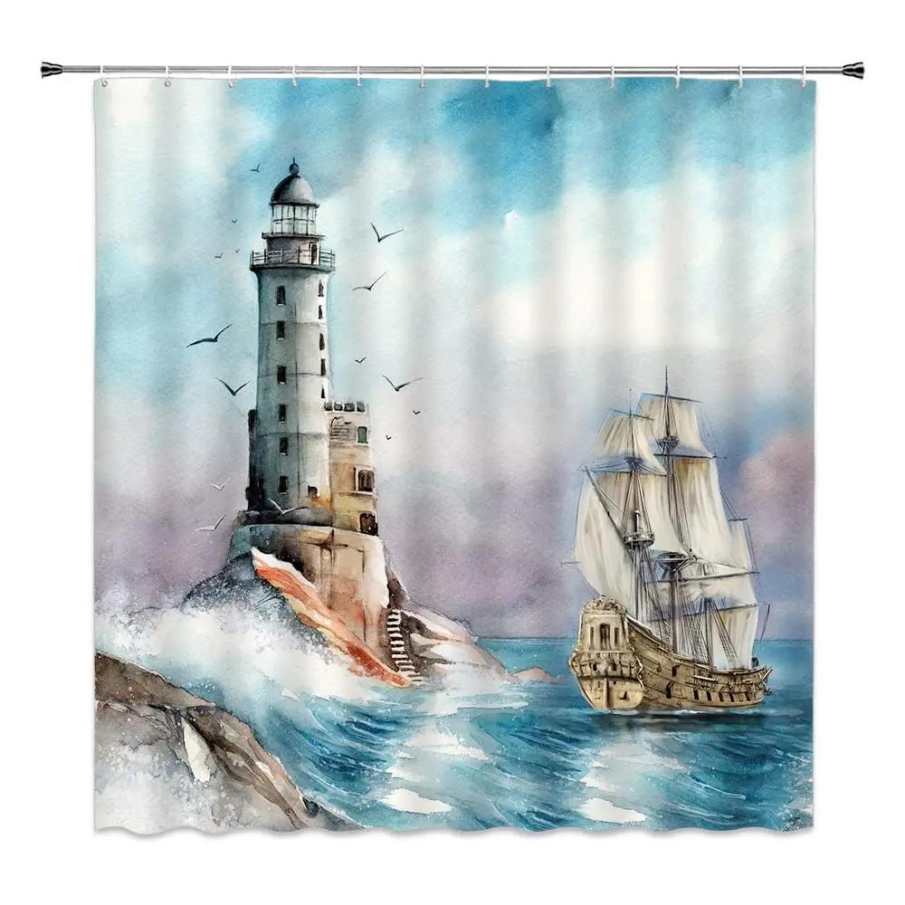 Pirate Ship Shower Curtain for Nautical Bathroom Fantasy Ocean Vintage Pirate Ship Bath Curtains Polyester Decor with 12 Hooks