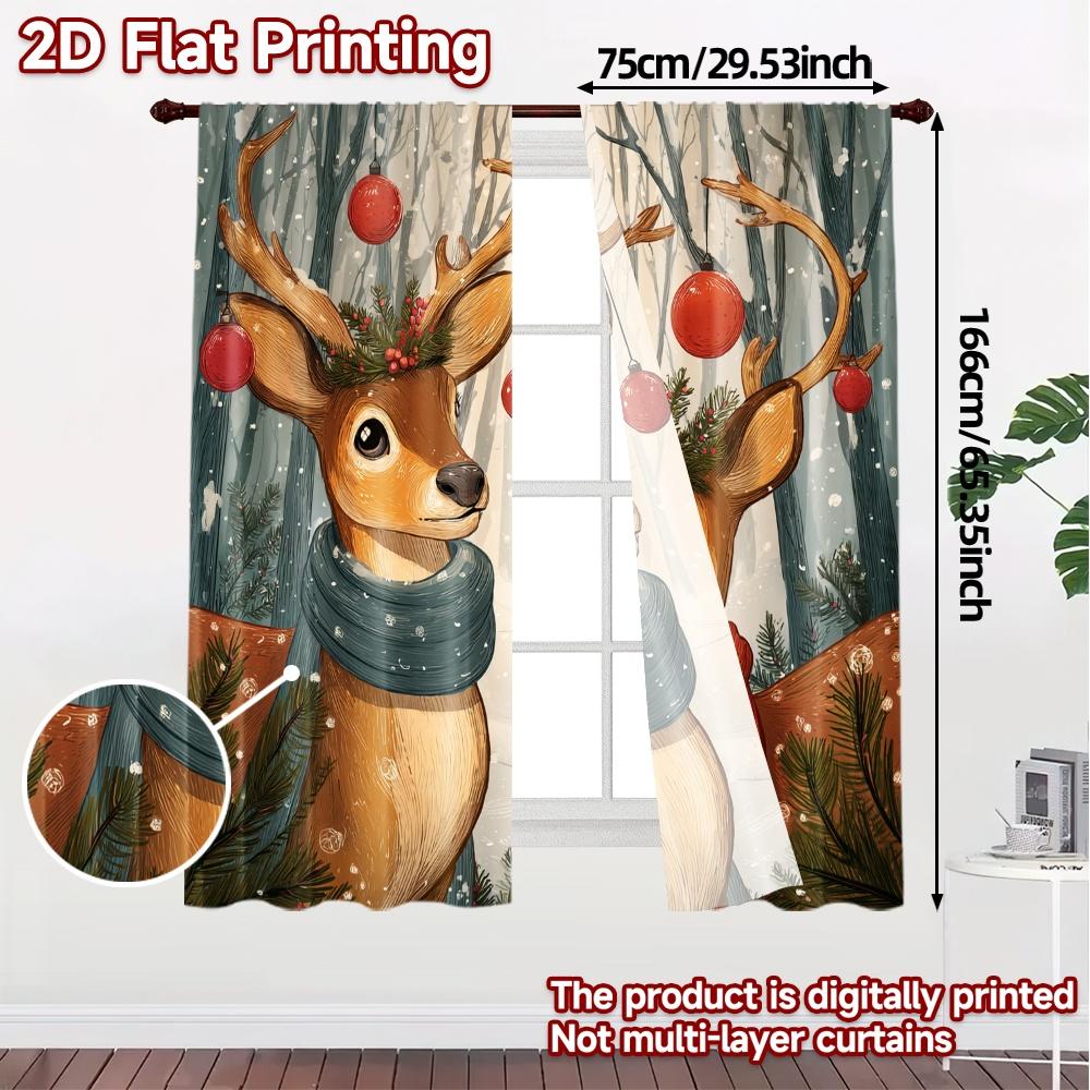 2D Flat Printing,JIT 2pcs, Curtains (Without Rod) Festive Reindeer(1) Print Chic Curtains Fabric Curtains Home Decor Perfect for