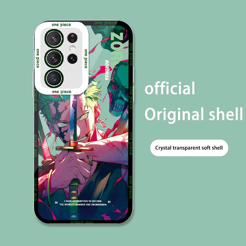 Anime Transparent Phone Case for Samsung S22, A32, M11 Featuring Luffy, Zoro, Goku, and Dragon Ball Characters.