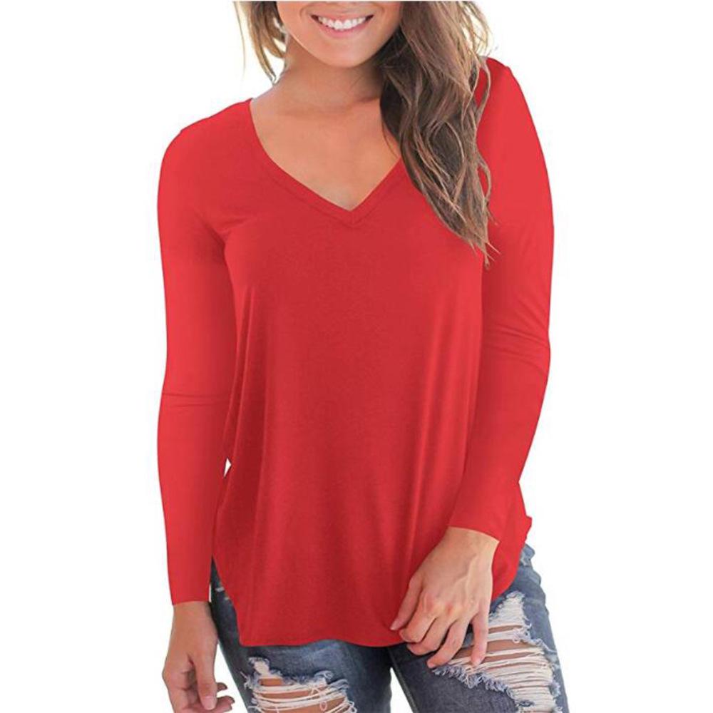 

Женская однотонная футболка с V-образным вырезом и длинным рукавом в европейском и американском стиле - новый стиль 2019 года M красный