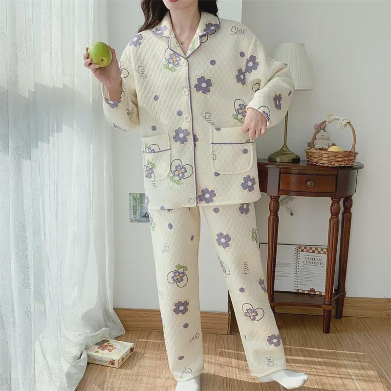 Damen Cartoon Baumwollpyjama Set - Warm und stilvoll für Herbst/Winter
