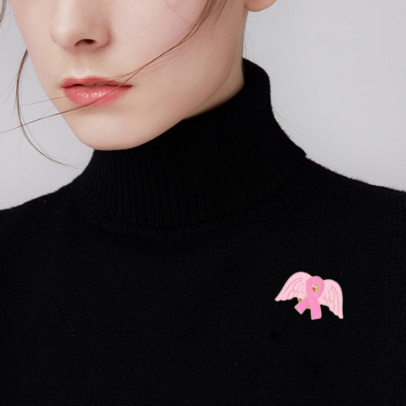 10Pcs Cancer Awareness Brooch Pink Alloy Ribbon Pin Wing Shape Brooches Lapel Pin with Back Clasp For Clothing Dress Bag
