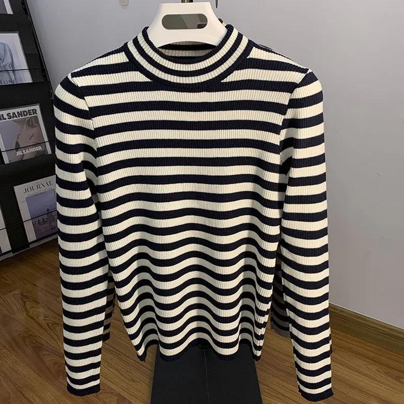 Sweater for Women Winter Thickened Pullover Stripes Warm Knitted Stretchy Long Sleeve Oversize Jumper Sweater Tops