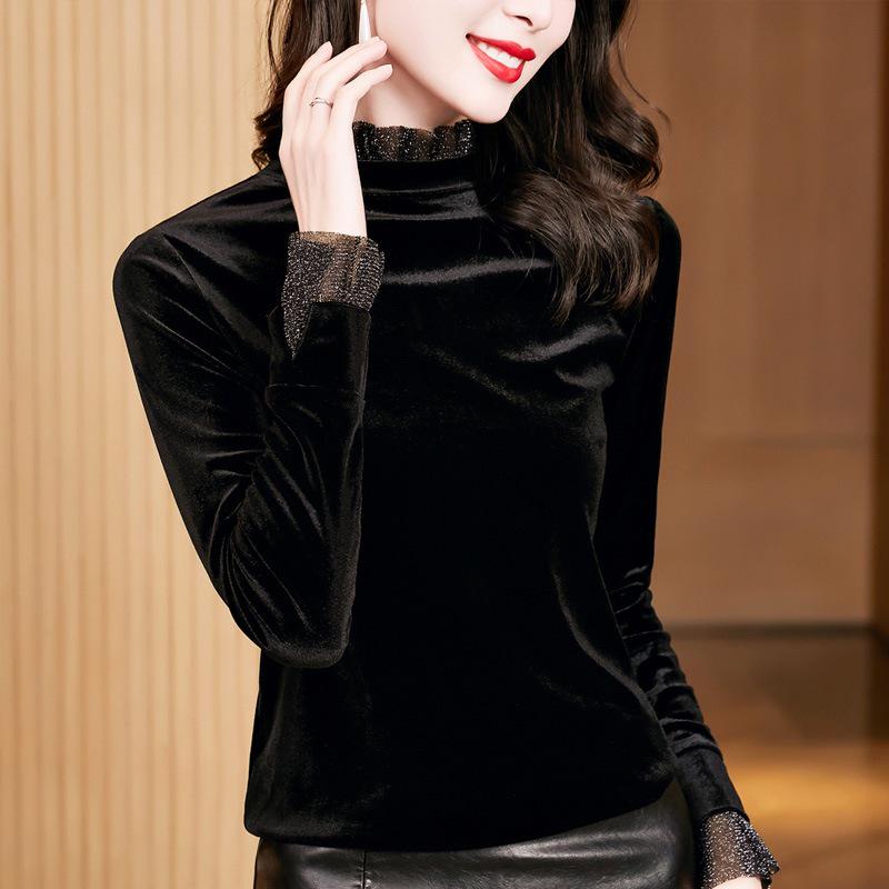 Elegant Black Velvet Top: Stand Collar, Silk Mesh Sleeves, Versatile Women's Base Shirt