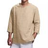 Men Linen Blend V Neck T Shirt Three Quarter Sleeve Solid Color Loose Fit Casual Top With Side Pockets