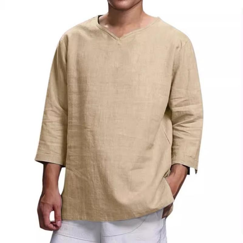 Men Linen Blend V Neck T Shirt Three Quarter Sleeve Solid Color Loose Fit Casual Top With Side Pockets