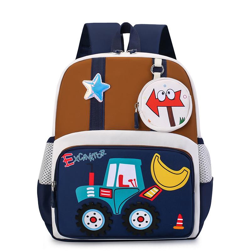 School Kids Bag With Cartoon Car Prints And Star Decor For Daily Kindergarten