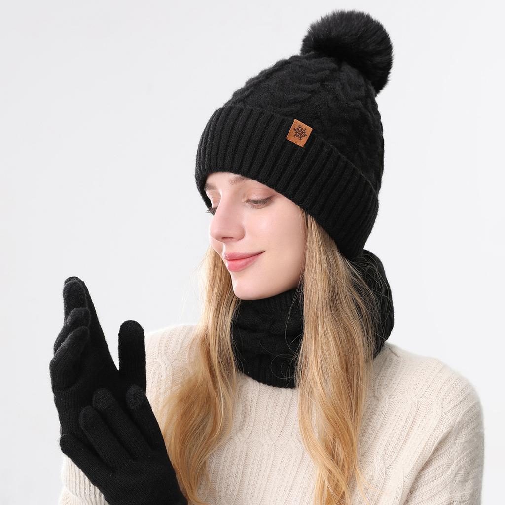 Classic Style Cold Weather Gloves Scarf Hat Three Piece Set for Winter Custom Logo Knit Beanie Ribbed Cuff Pom Pom Wool Blend
