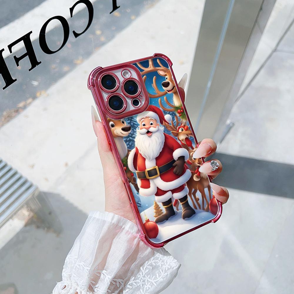 Ae119 Merry Christmas Santa art design Electroplated TPU Phone Cases for iPhone 16 15 13 11 Pro Max 14 XR Infinix Smart 8 Four Corner Protection Cover