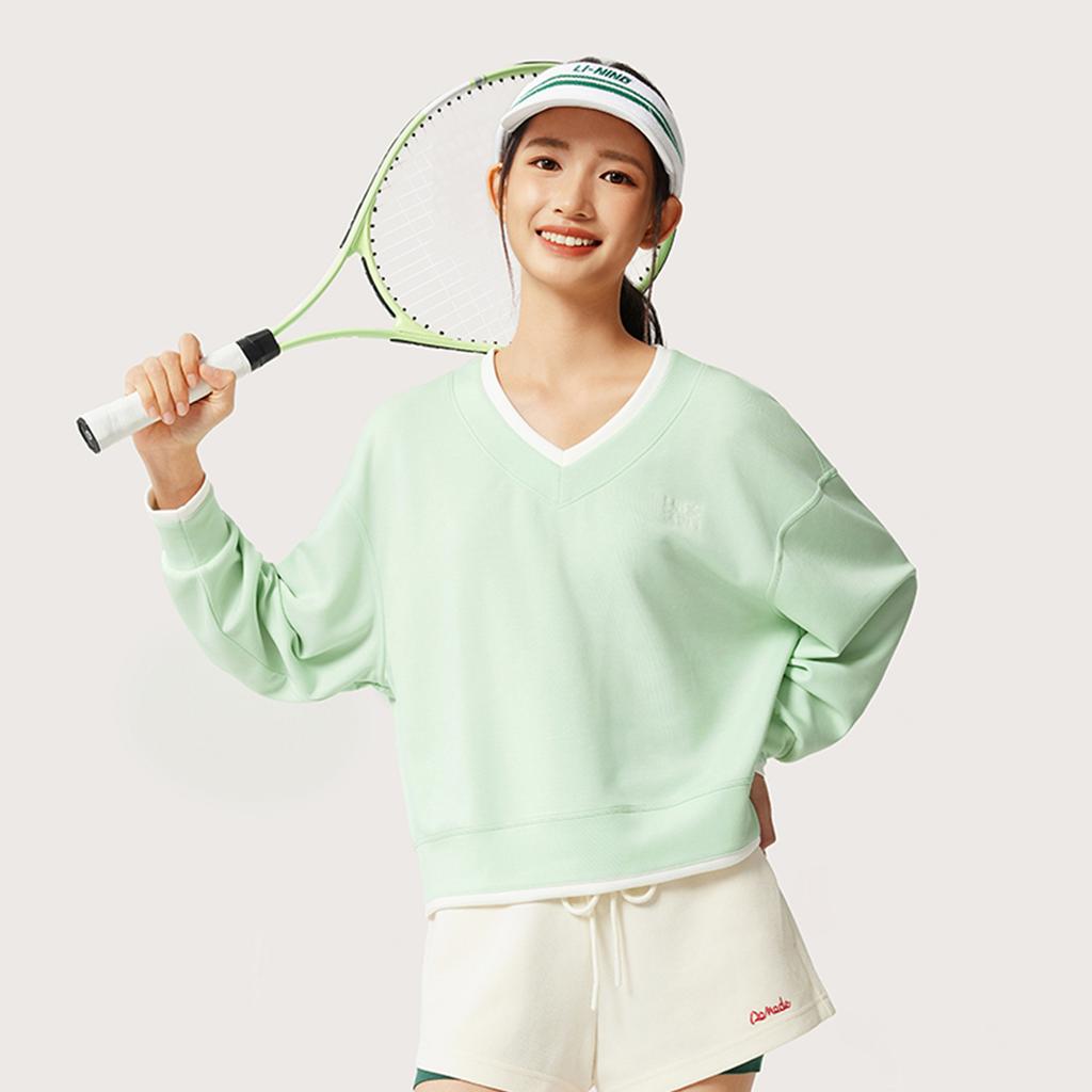 Li-Ning Comfortable Casual Simple V-Neck Pullover Loose Long Sleeve Sweatshirt Women sweatshirt Ice-Green AWDV886-3