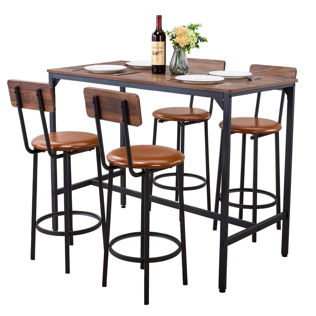 Bar Table, 5PCS 1193.8mm Bars Tables Set, Bar Tables and Chair Set with Rounded Edge Design, Rectangular Pub Table with Four Stools for Living Room,