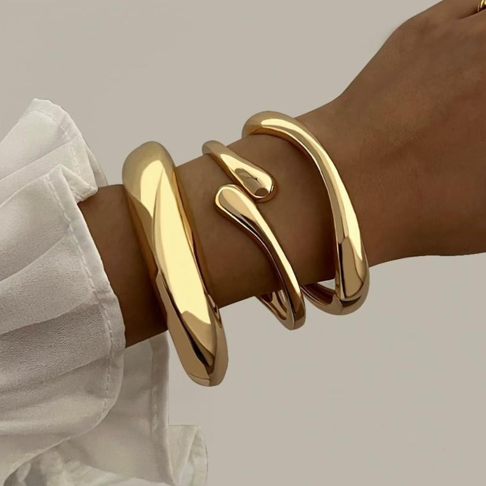 

3pcs Chunky Smooth Water Drop Cuff Bracelets for Women Dainty 14k Gold Plated Big Stackable Spring Bangles Set Stack Jewelry золотий