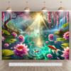 2D Mystical Pond Backdrop, Sunlit Forest with Koi, Lotuses & Waterfall Banner