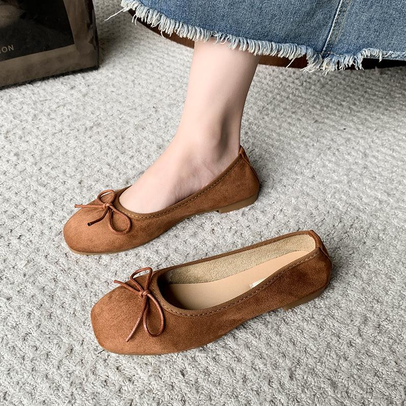 Fashion French Flat Velvet Single Shoes, Ballet Shoes, 2025 New Model, Shallow Bow, Gentle Insole, Height-increasing Single Shoes