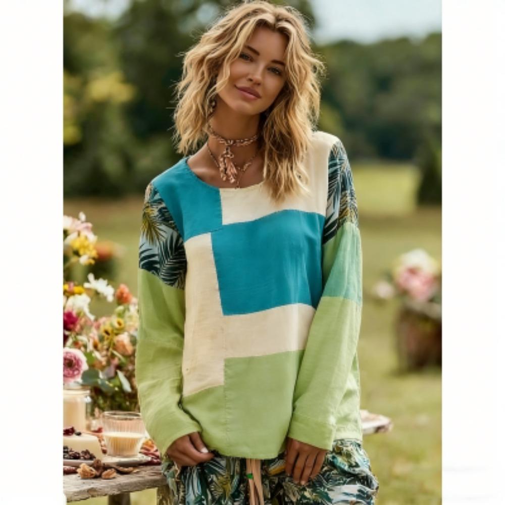 Fashion Splicing Colors Flower Print Women's T-shirt Pullover Europe America Women Long Sleeve Clothing Outdoor Casual Tees Top