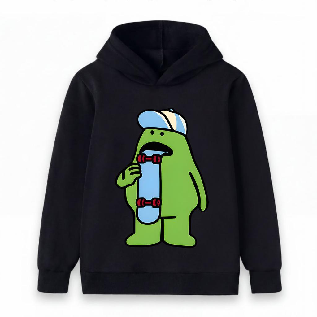 Kids Boys Girls Casual Hooded Sweatshirt, Cool Cartoon Green Skater Character Print Long Sleeve Pullover Hoodie, Comfortable Lightweight Tops For Dail