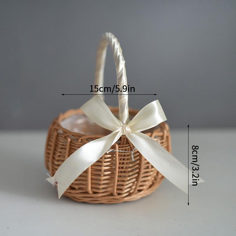 Wicker Flower Basket Picnic Baskets Pearl Handle And Bow Basket Handwoven Rattan Basket Flower Plant Baskets Wedding Party Decor