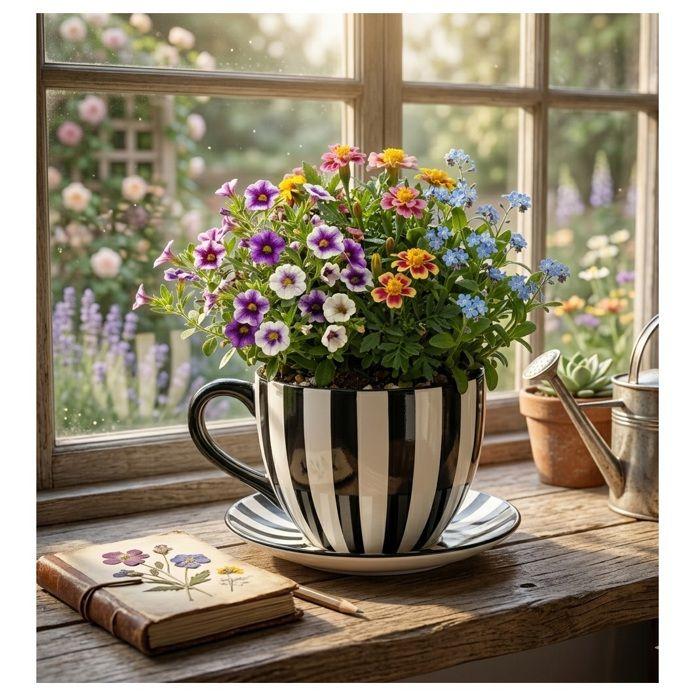 Vase / Pot de fleurs - EDEN - Tasse à plantes - Céramique - 15x20 cm - Rayé noir et blanc