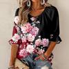 Camicetta da Donna Vintage con Stampa Floreale, Volant, Maniche a Tre Quarti, Girocollo e Chiusura con Laccetti Frontali