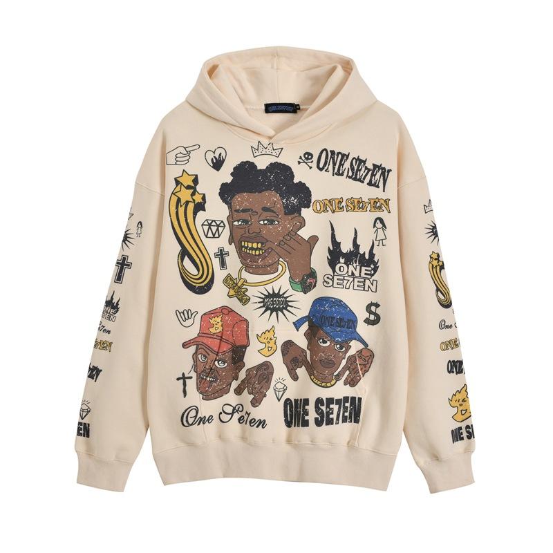 Trendy Brand Hooded Sweatshirt American Hip Hop Vintage Top Graffiti Print Couple Hoodie Loose For Men And Women