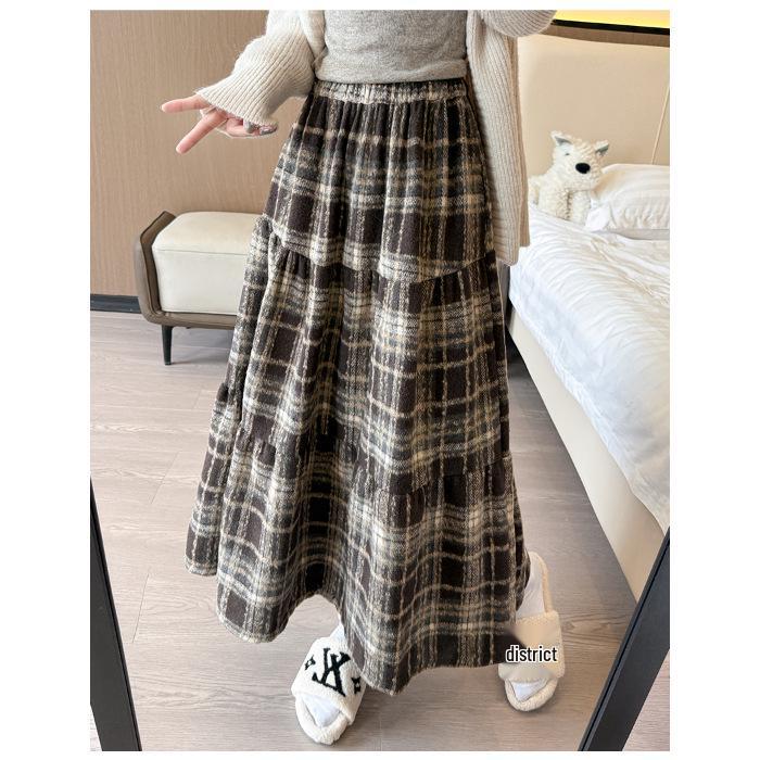Vintage Plaid Wool A-line Skirt for Women - High Waist, Mid-Length, Autumn/Winter 2025 Collection