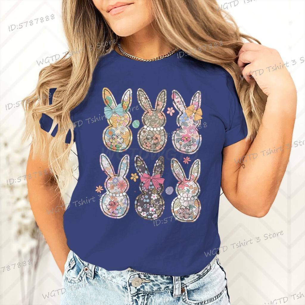Retro Easter Bunny Floral Design Women Tshirt Graphic Gift for Easter Day Classic Tops Tees Flower Abbit Bunny Vintage T Shirts