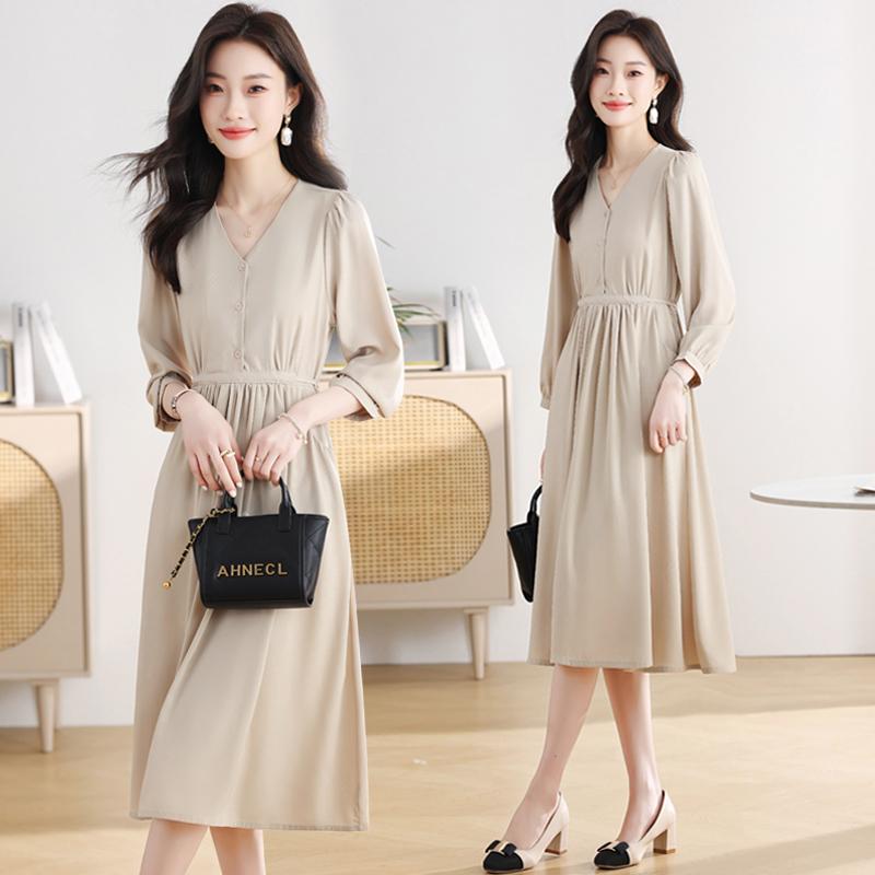 

Платья, платье, Лето/Осень/Весна, длинные рукава, Real shot, бежевый, французский стиль для чаепития, S-2XL