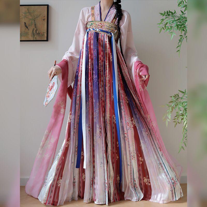 Chinesischer Tang-Dynastie-Stil Hanfu Blau Jungfräulich Serie Bestickt Brustlang Sommer Alltagsanzug