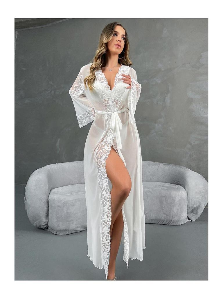 Sexy Mesh Kapuzenbademantel mit Spitzenbesatz Lingerie mit Gürtel